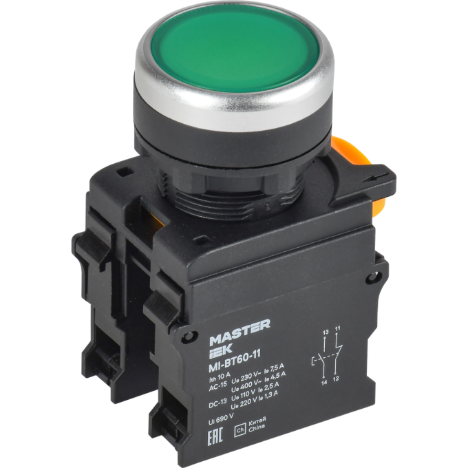 Кнопка IEK MASTER MI-BT60-11-3-22-K06 d=22мм 1NO+1NC зелёная MI-BT60-111-3-22-K06